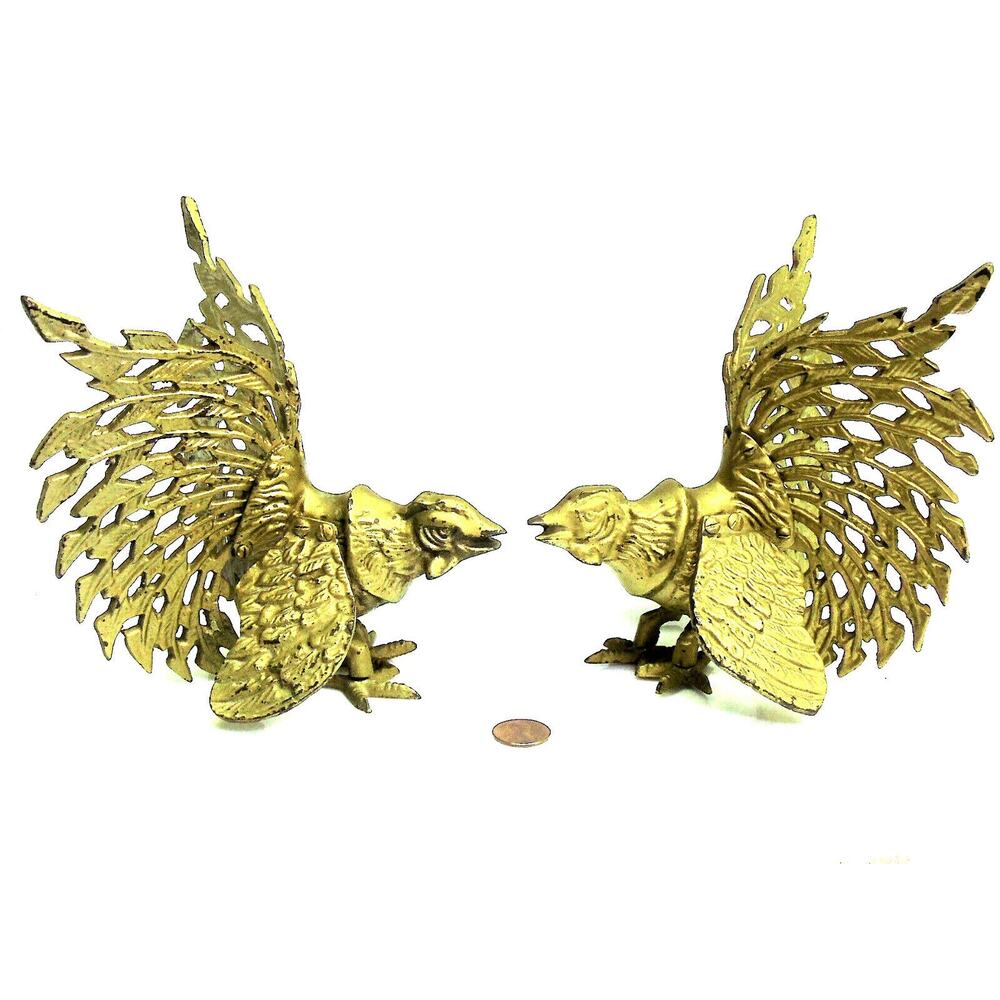 Brass Birds Fighting Bird Cockerel Pair Roosters 2 Metal Figurine 7" Bookend Vtg